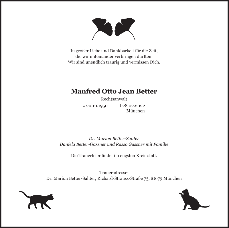  Traueranzeige für Manfred Otto Jean Better vom 12.03.2022 aus Süddeutsche Zeitung