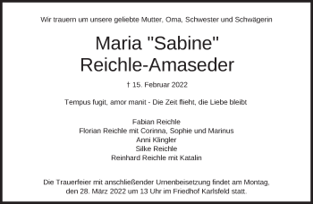 Traueranzeige von Maria Reichle-Amaseder von Süddeutsche Zeitung