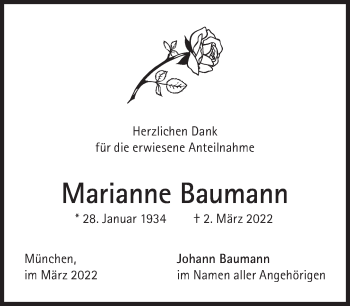 Traueranzeige von Marianne Baumann von Süddeutsche Zeitung