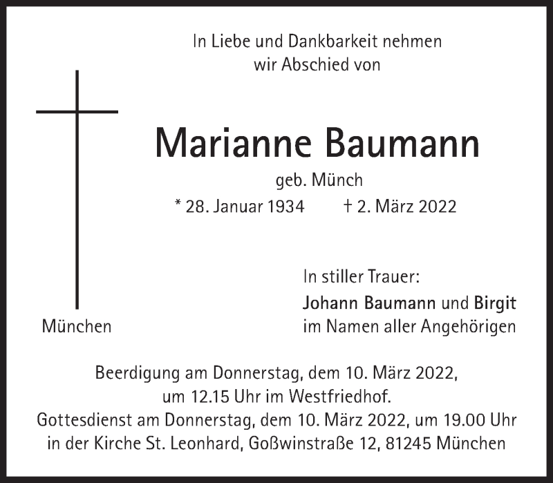  Traueranzeige für Marianne Baumann vom 05.03.2022 aus Süddeutsche Zeitung