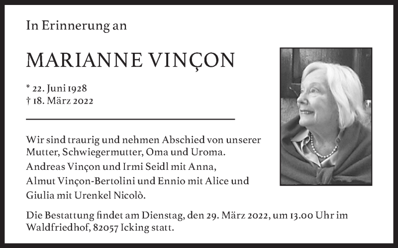  Traueranzeige für Marianne Vincon vom 26.03.2022 aus Süddeutsche Zeitung