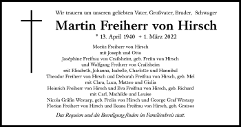 Traueranzeige von Martin Freiherr von Hirsch von Süddeutsche Zeitung