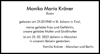 Traueranzeige von Monika Maria Kröner von Süddeutsche Zeitung