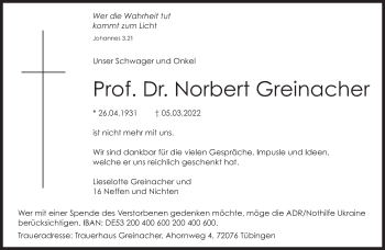 Traueranzeige von Norbert Greinacher von Süddeutsche Zeitung