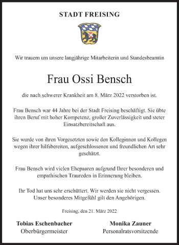 Traueranzeige von Ossi Bensch von Süddeutsche Zeitung