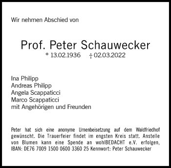 Traueranzeige von Peter Schauwecker von Süddeutsche Zeitung
