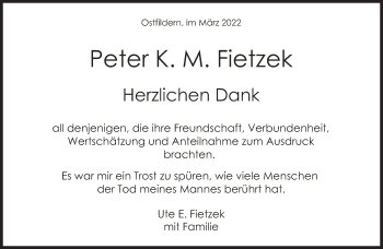 Traueranzeige von Peter K. M. Fietzek von Süddeutsche Zeitung