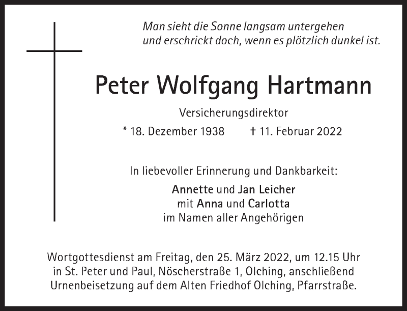  Traueranzeige für Peter Wolfgang Hartmann vom 19.03.2022 aus Süddeutsche Zeitung