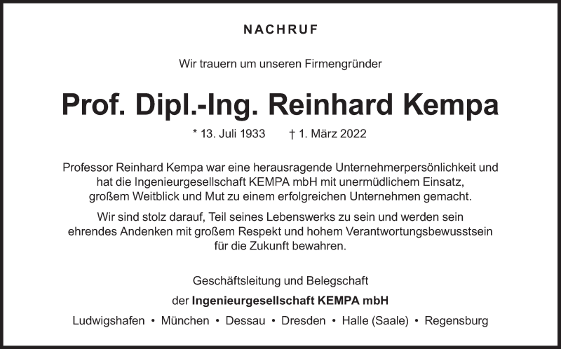  Traueranzeige für Reinhard Kempa vom 09.03.2022 aus Süddeutsche Zeitung