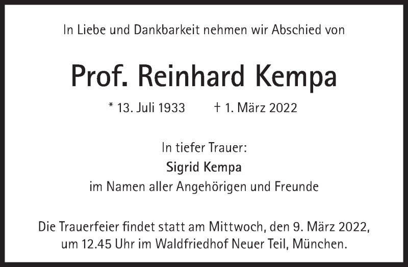  Traueranzeige für Reinhard Kempa vom 05.03.2022 aus Süddeutsche Zeitung