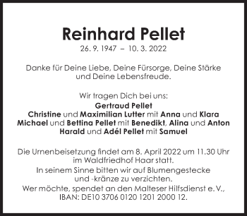 Traueranzeige von Reinhard Pellet von Süddeutsche Zeitung
