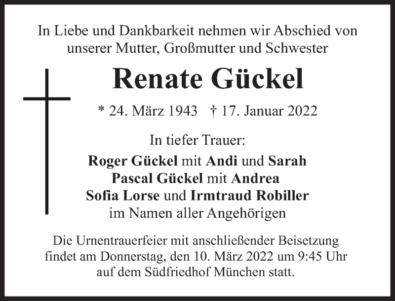  Traueranzeige für Renate Gückel vom 05.03.2022 aus Süddeutsche Zeitung