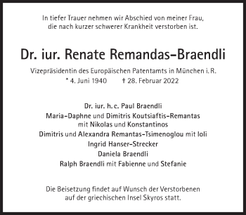 Traueranzeige von Renate Remandas-Braendli von Süddeutsche Zeitung