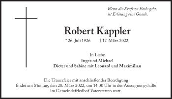 Traueranzeige von Robert Kappler von Süddeutsche Zeitung