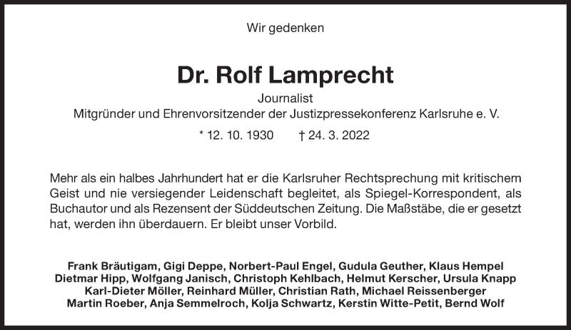  Traueranzeige für Rolf Lamprecht vom 26.03.2022 aus Süddeutsche Zeitung