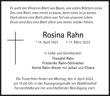 Traueranzeige von Rosina Rahn von Süddeutsche Zeitung