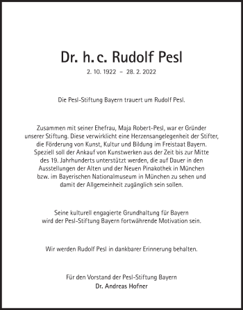 Traueranzeige von Rudolf Pesl von Süddeutsche Zeitung