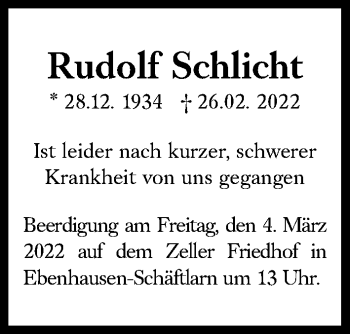 Traueranzeige von Rudolf Schlicht von Süddeutsche Zeitung