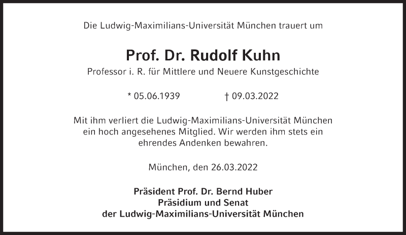  Traueranzeige für Rudolph Kuhn vom 26.03.2022 aus Süddeutsche Zeitung