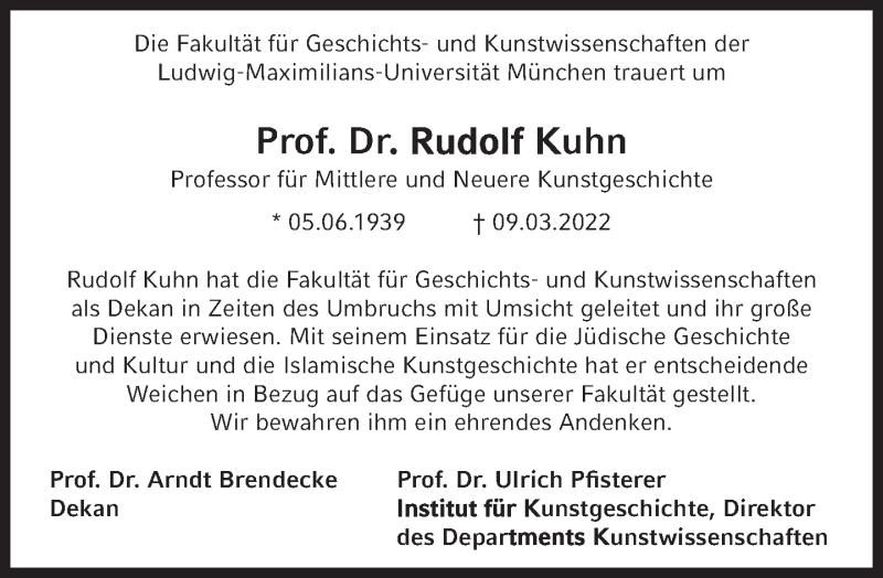  Traueranzeige für Rudolph Kuhn vom 26.03.2022 aus Süddeutsche Zeitung