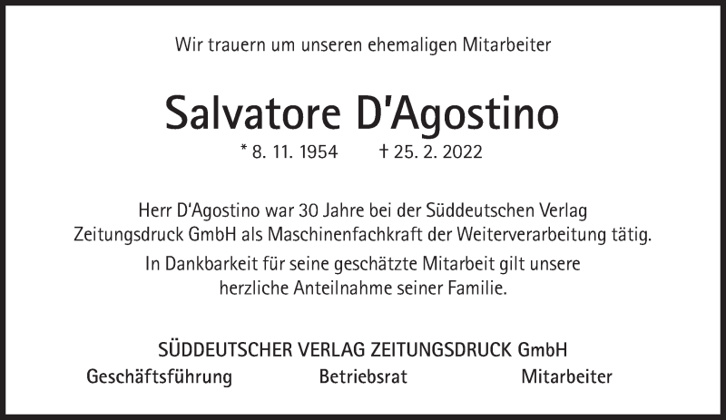  Traueranzeige für Salvatore DAgostino vom 17.03.2022 aus Süddeutsche Zeitung
