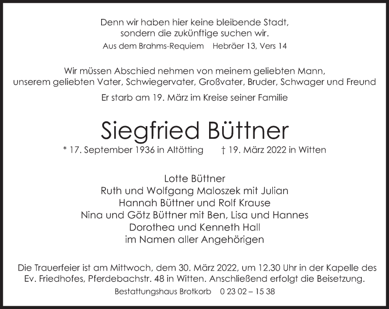  Traueranzeige für Siegfried Büttner vom 26.03.2022 aus Süddeutsche Zeitung