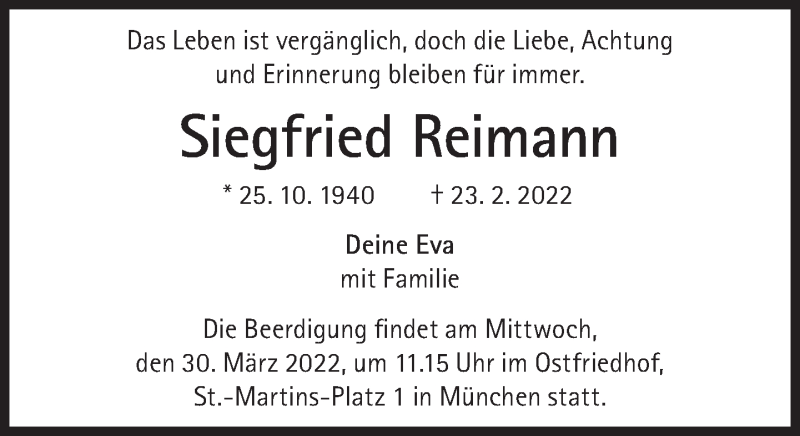  Traueranzeige für Siegfried Reimann vom 26.03.2022 aus Süddeutsche Zeitung