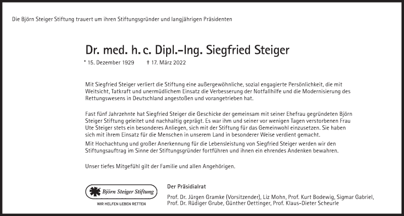  Traueranzeige für Siegfried Steiger vom 26.03.2022 aus Süddeutsche Zeitung