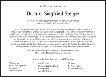 Traueranzeige von Siegfried Steiger von Süddeutsche Zeitung