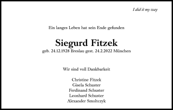 Traueranzeige von Siegurd Fitzek von Süddeutsche Zeitung