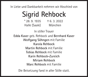 Traueranzeige von Sigrid Rehbock von Süddeutsche Zeitung