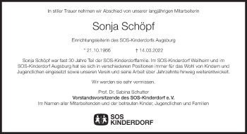 Traueranzeige von Sonja Schöpf von Süddeutsche Zeitung