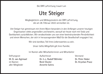 Traueranzeige von Steiger Ute von Süddeutsche Zeitung