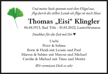 Traueranzeige von Thomas Klingler von Süddeutsche Zeitung