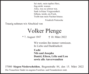Traueranzeige von Volker Plenge von Süddeutsche Zeitung