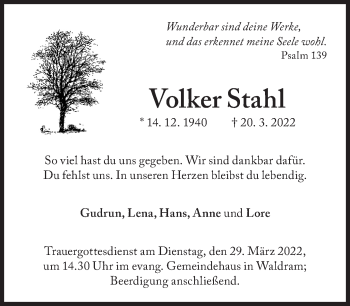 Traueranzeige von Volker Stahl von Süddeutsche Zeitung
