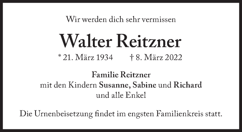  Traueranzeige für Walter Reitzner vom 19.03.2022 aus Süddeutsche Zeitung
