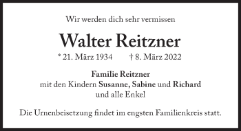 Traueranzeige von Walter Reitzner von Süddeutsche Zeitung
