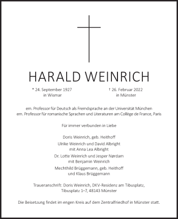 Traueranzeige von Weinrich Harald von Süddeutsche Zeitung