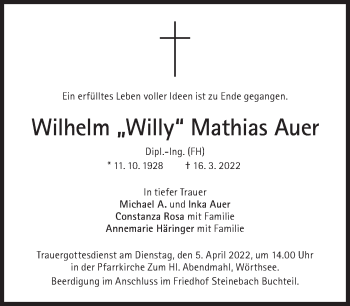 Traueranzeige von Wilhelm Mathias Auer von Süddeutsche Zeitung