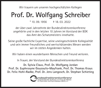Traueranzeige von Wolfgang Schreiber von Süddeutsche Zeitung