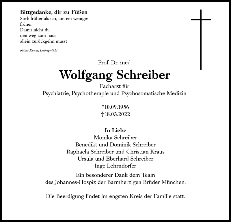  Traueranzeige für Wolfgang Schreiber vom 22.03.2022 aus Süddeutsche Zeitung