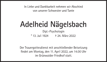 Traueranzeige von Adelheid Nägelsbach von Süddeutsche Zeitung