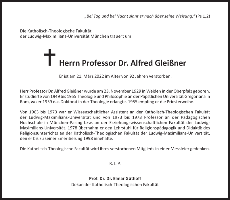  Traueranzeige für Alfred Gleißner vom 02.04.2022 aus Süddeutsche Zeitung