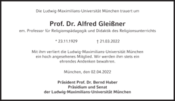 Traueranzeige von Alfred Gleißner von Süddeutsche Zeitung