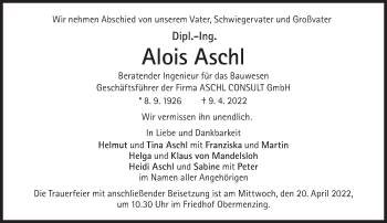 Traueranzeige von Alois Aschl von Süddeutsche Zeitung