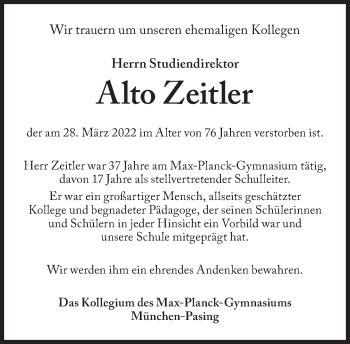 Traueranzeige von Alto Zeitler von Süddeutsche Zeitung