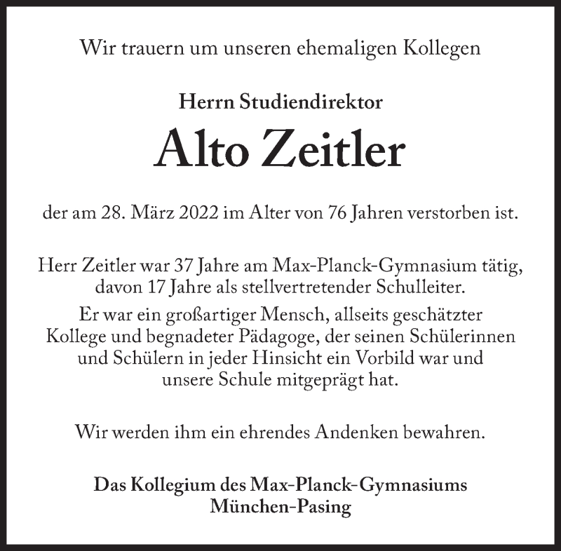  Traueranzeige für Alto Zeitler vom 12.04.2022 aus Süddeutsche Zeitung