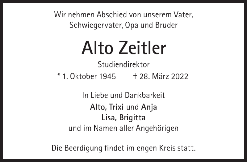  Traueranzeige für Alto Zeitler vom 09.04.2022 aus Süddeutsche Zeitung