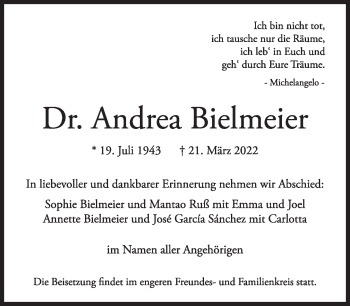 Traueranzeige von Andrea Bielmeier von Süddeutsche Zeitung
